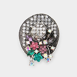 Flower Bouquet Hat Rhinestone Pave Pin Brooch