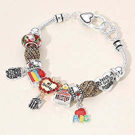 No1 Teacher Rhinestone Embellished Apple Owl Books Multi Bead Bracelet