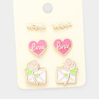 3Pairs - Metal MAMA Enamel love Heart Flower Letter Stud Earrings