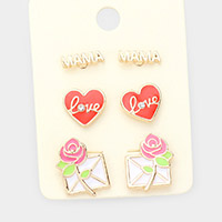 3Pairs - Metal MAMA Enamel love Heart Flower Letter Stud Earrings