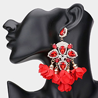 Teardrop Stone Accented Fabric Flower Dangle Chandelier Evening Earrings