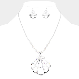 Stone Embellished Cut Out Metal Shell Pendant Necklace