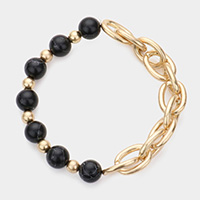 Natural Stone Open Metal Oval Link Stretch Bracelet