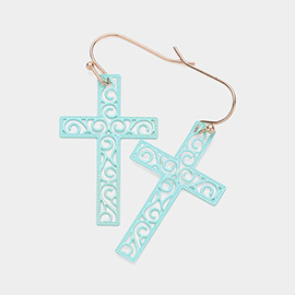 Brass Metal Filigree Cross Dangle Earrings