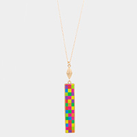 Checkerboard Rectangle Pendant Long Necklace