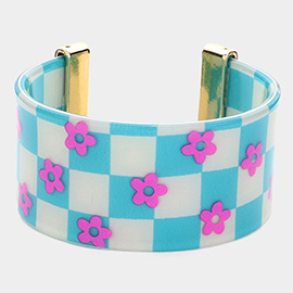 Flower Patterned Striped Resin Cuff Bracelet