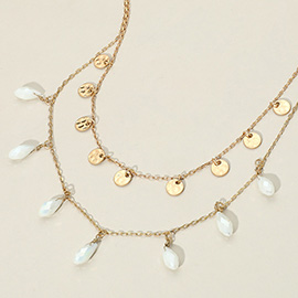 Metal Disc Teardrop Bead Station Double Layered Necklace