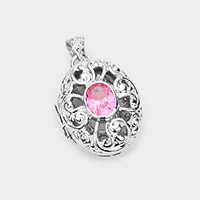 CZ Oval Accented Filigree Metal Locket Pendant