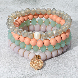 4PCS - Irregular Metal Round Charm Natural Stone Wood Beaded Stretch Bracelets