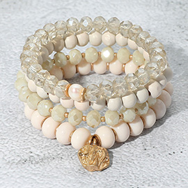 4PCS - Irregular Metal Round Charm Natural Stone Wood Beaded Stretch Bracelets