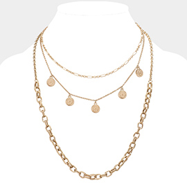 Metal Disc Station Triple Layered Bib Necklace