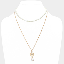 Rhinestone Embellished Hamsa Hand Freshwater Pearl Link Double Layered Necklace