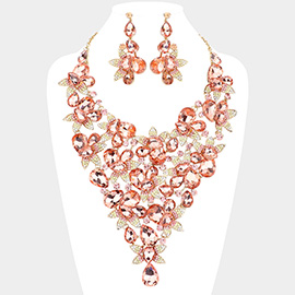 Teardrop Stone Leaf Cluster Vine Statement Evening Necklace