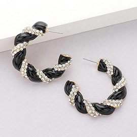 Rhinestone Embellished Braided Enamel Hoop Earrings