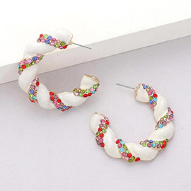 Rhinestone Embellished Braided Enamel Hoop Earrings