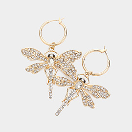 Metal Hoop Rhinestone Embellished Dragonfly Dangle Pin Catch Earrings