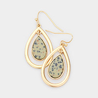 Natural Stone Accented Open Metal Teardrop Link Dangle Earrings