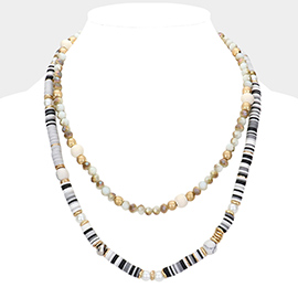 Natural Stone Pearl Wood Pointed Faceted Heishi Beaded Double Layered Necklace