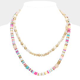 Natural Stone Pearl Wood Pointed Faceted Heishi Beaded Double Layered Necklace