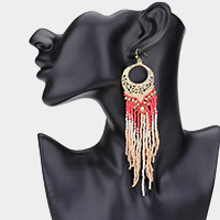 Boho Cut Out Metal Seed Beaded Tassel Fringed Dangle Earrings