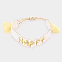 HAPPY Message Beaded Tassel Adjustable Cinch Pull Tie Bracelet