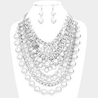 Stone Charm Chain Pearl Bib Necklace