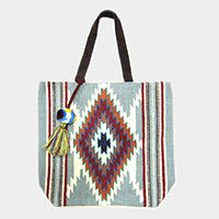 Aztec Patterned Pom-Tassel Tote Bag