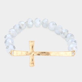 Hammered Metal Cross Accented Faceted Beads Stretch Bracelet