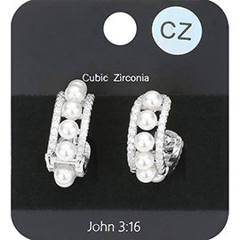 CZ Stone Pave Pearl Huggie Earrings