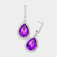 Rhinestone Trimmed Teardrop Stone Dangle Evening Earrings