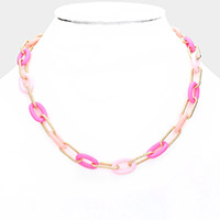 Oval Celluloid Acetate Metal Link Necklace