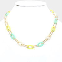 Oval Celluloid Acetate Metal Link Necklace