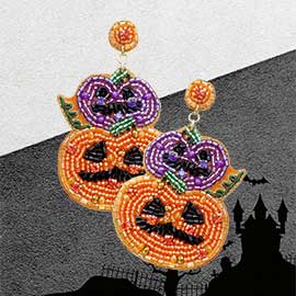 Felt Back Halloween Pumpkin Beaded Dangle Earrings