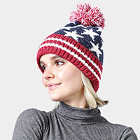 Pom Pom American USA Flag Knit Beanie Hat