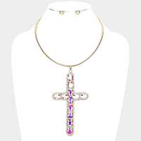 Glass Stone Embellished Cross Pendant Necklace