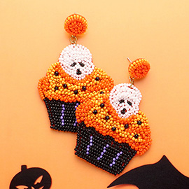 Felt Back Halloween Theme Skull Cupcake Beaded Dangle Earrings