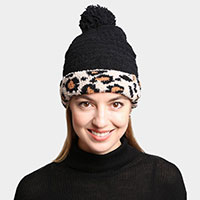 Solid Color Linked Leopard Accented Pom-Pom Beanie