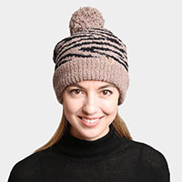 Zebra Lined Pom-Pom Beanie