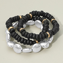 3PCS - Worn Disc Metal Beaded Accented Multi Layered Bracelets