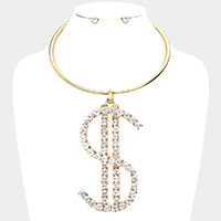 Oversized Rhinestone Pave Dollar Sign Pendant Choker Necklace