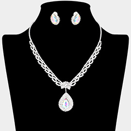 Teardrop Stone Pendant Accented Rhinestone Pave Necklace Clip on Earring Set