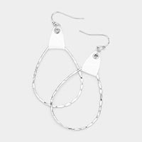 Faux Leather Tip Textured Open Metal Teardrop Earrings