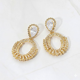 Stone Embellished Rhinestone Pave Oval Dangle Earrings