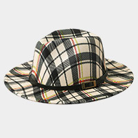 Belt Band Accented Plaid Check Patterned Fedora Hat