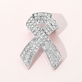 Rhinestone Embellished Pink Ribbon Pin Brooch