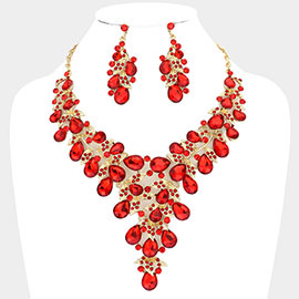 Leaf Teardrop Stone Cluster Statement Evening Necklace