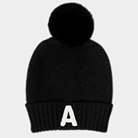 -A- Monogram Faux Fur Pom Pom Knit Beanie Hat