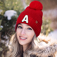 -A- Monogram Faux Fur Pom Pom Knit Beanie Hat