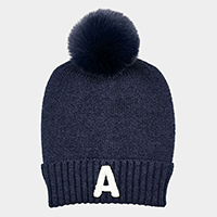 -A- Monogram Faux Fur Pom Pom Knit Beanie Hat