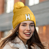 -H- Monogram Faux Fur Pom Pom Knit Beanie Hat